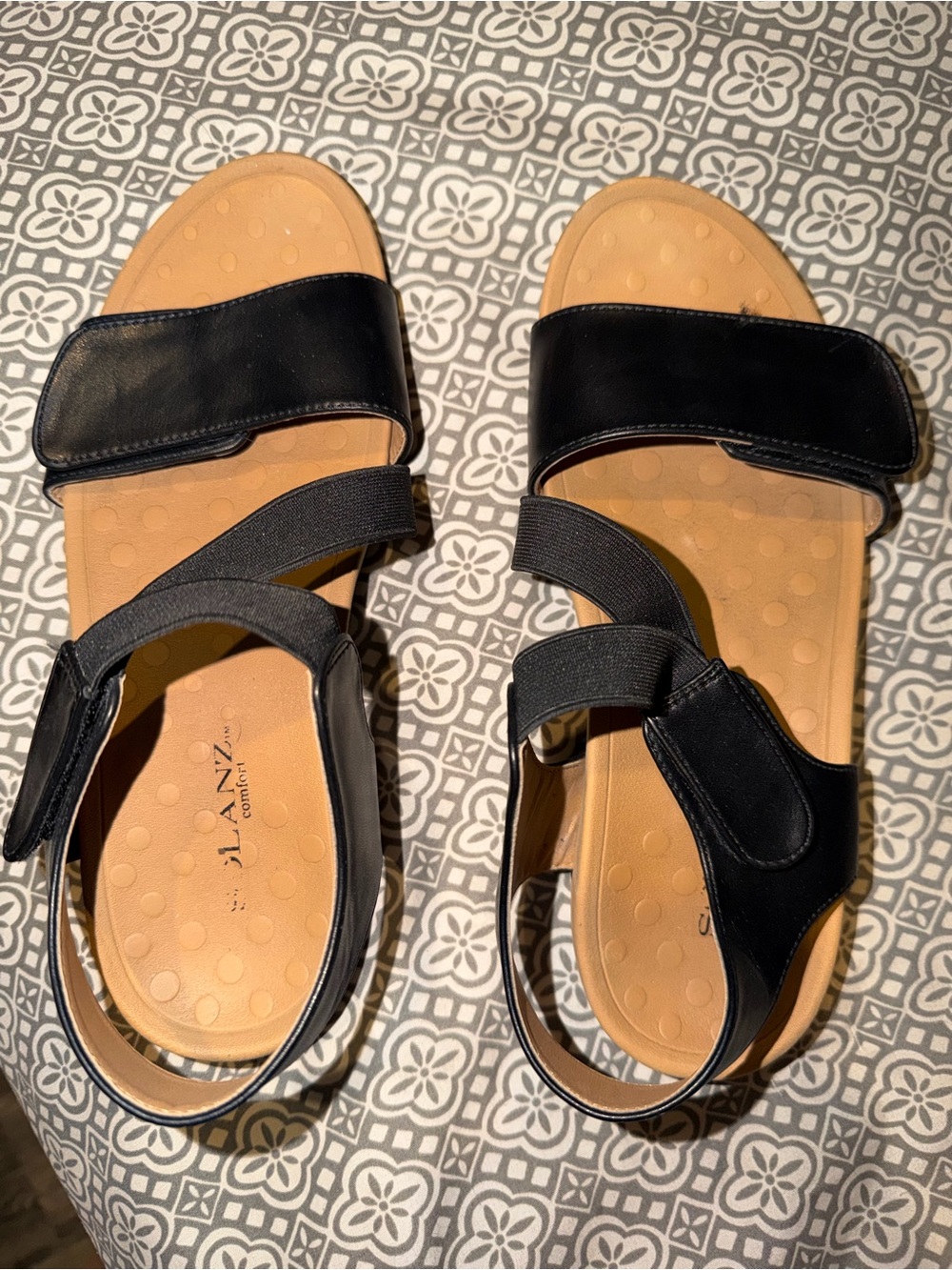 Women's Black Velcro Strap Sandals with Tan Footbed